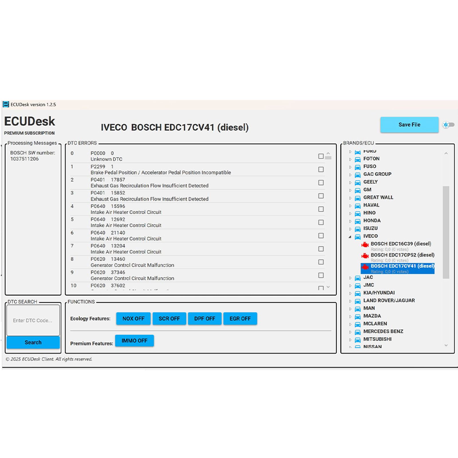 2025 Neue V1.2.5.0 ECUDesk Multifunktionssoftware für EGR DPF SCR (AdBlue) NOx CAT SAP EVAP Klappen DTC AUS