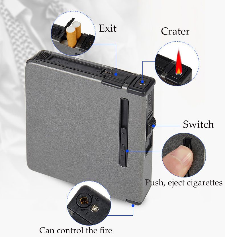 Automatische Ausstoßung Metall Zigarettenkoffer Zigarre Box Windproof Inflatable Gas Lighter