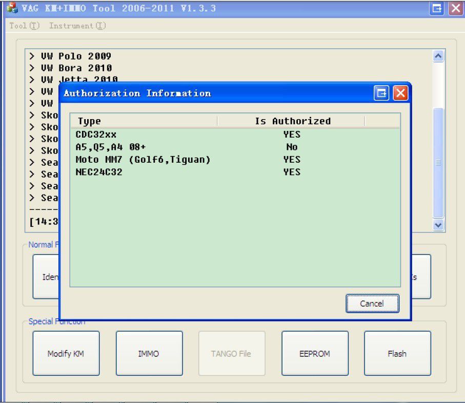 Anzeige der VAG KM+IMMO Werkzeugsoftware 8