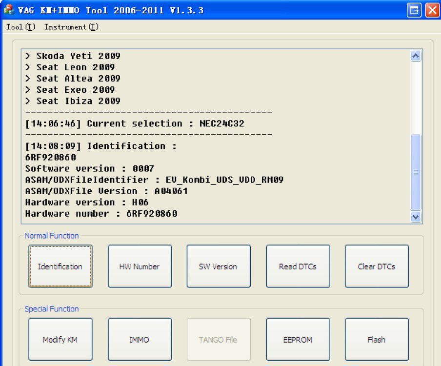 Anzeige der VAG KM+IMMO Werkzeugsoftware 2