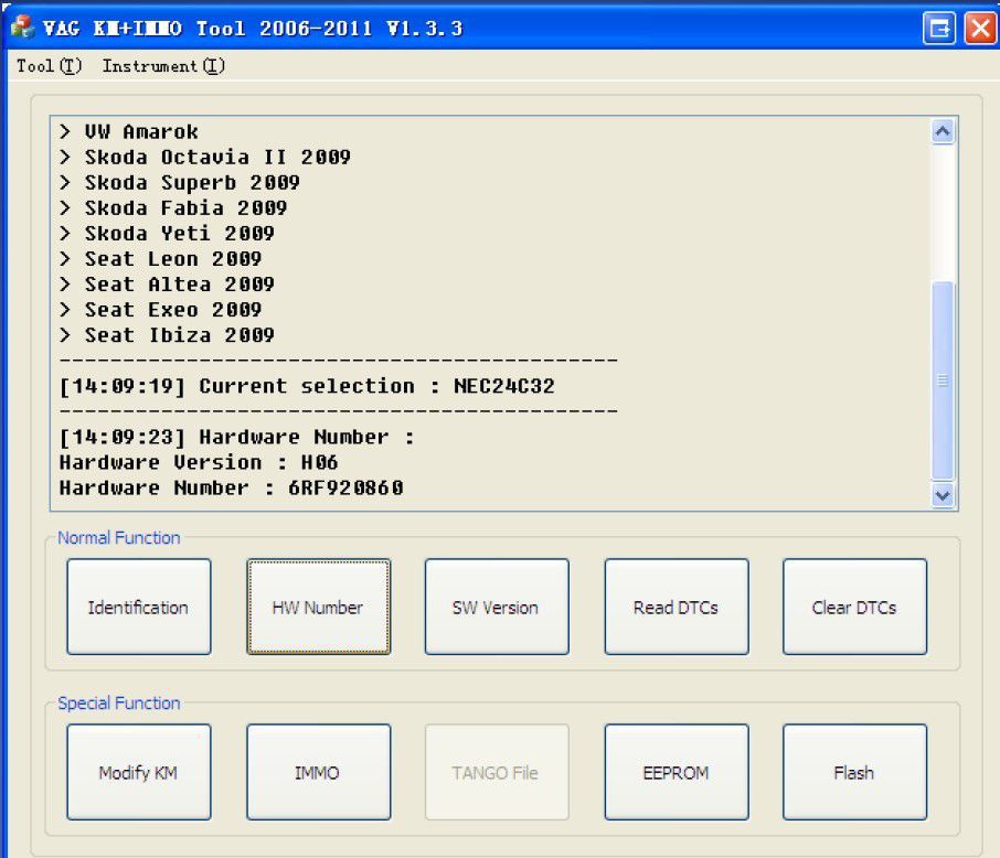 Anzeige der VAG KM+IMMO Werkzeugsoftware 3