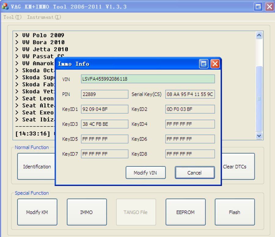 Anzeige der VAG KM+IMMO Werkzeugsoftware 7