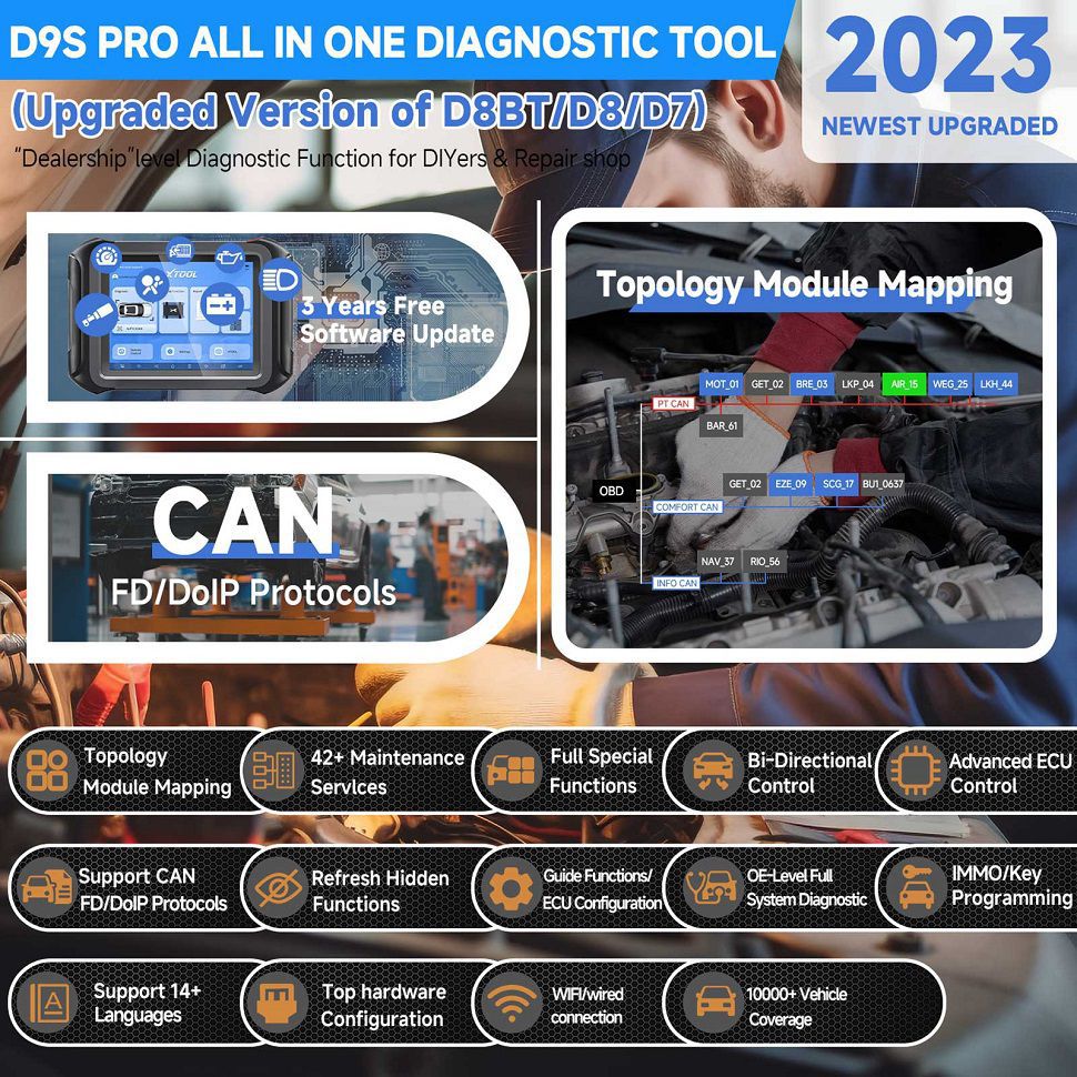 XTOOL D9S PRO Auto Diagnose Scanner Unterstützung ECU Coding Topologie Mapping Key Programmierung 42 Service Funktionen CAN FD DoIP
