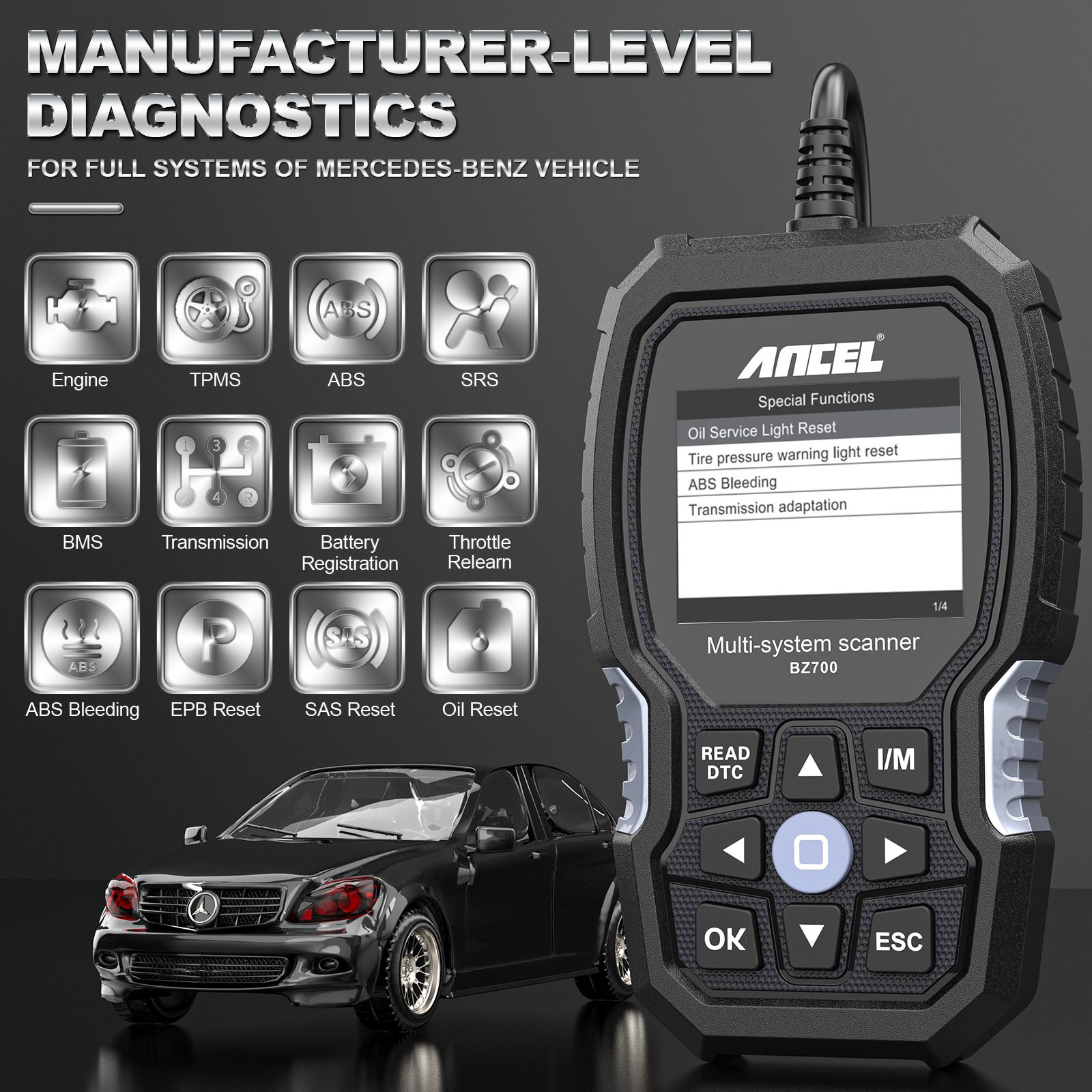 ANCEL BZ700 OBD2 Scanner für Mercedes Benz All System ABS SRS Airbag SAS TPMS Zurücksetzen Auto Diagnose Tool Motor OBD Code Reader