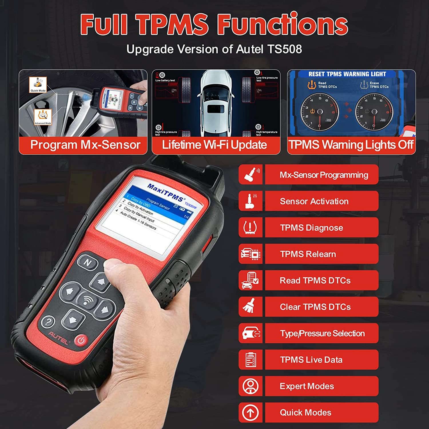 2023 Autel MaxiTPMS TS508WF TPMS Programming Tool MX-Sersors 315/433MHz, Relearn/Activate All Sensors, Read/Clear DTCs, TPMS Reset, Support Lifetime