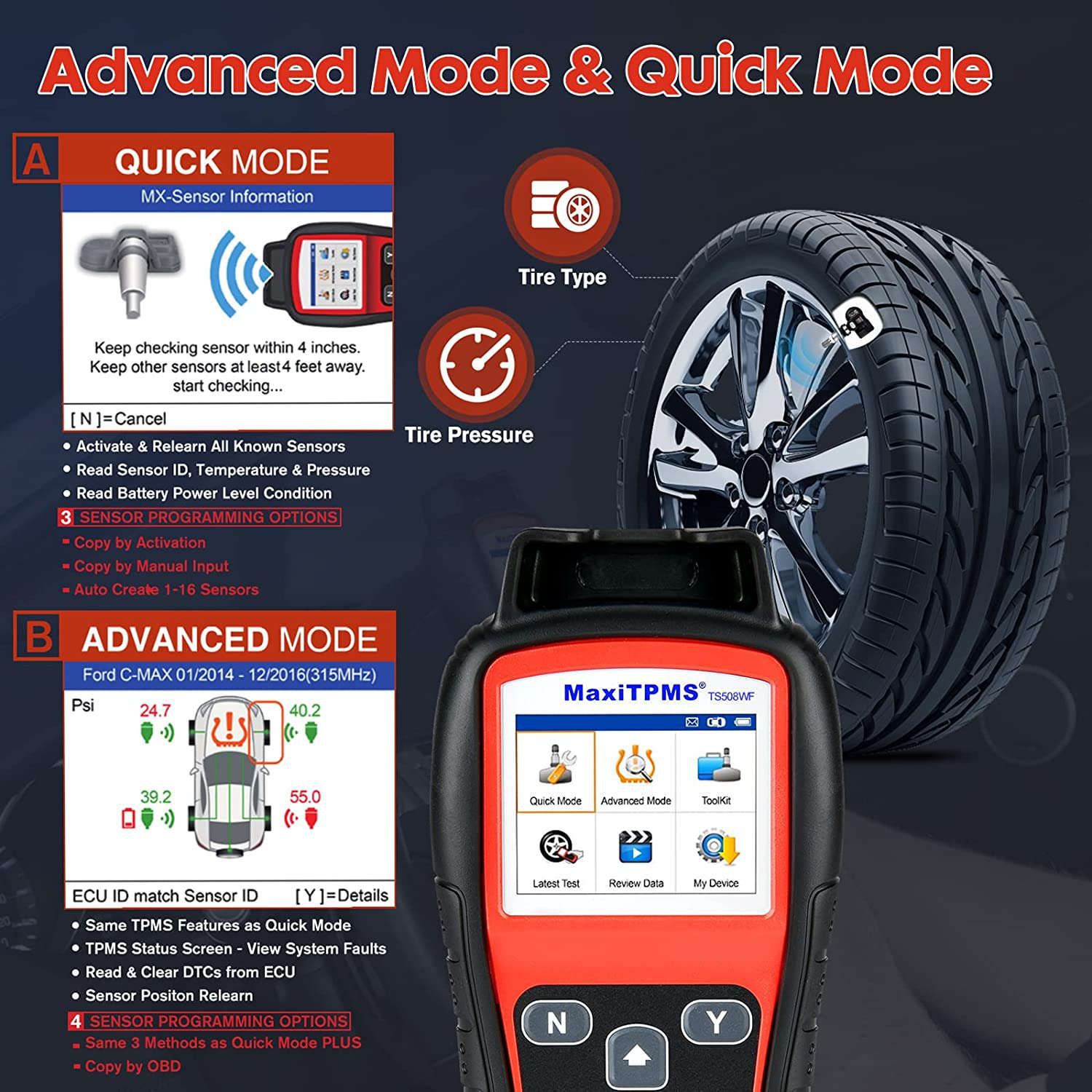 2023 Autel MaxiTPMS TS508WF TPMS Programming Tool MX-Sersors 315/433MHz, Relearn/Activate All Sensors, Read/Clear DTCs, TPMS Reset, Support Lifetime