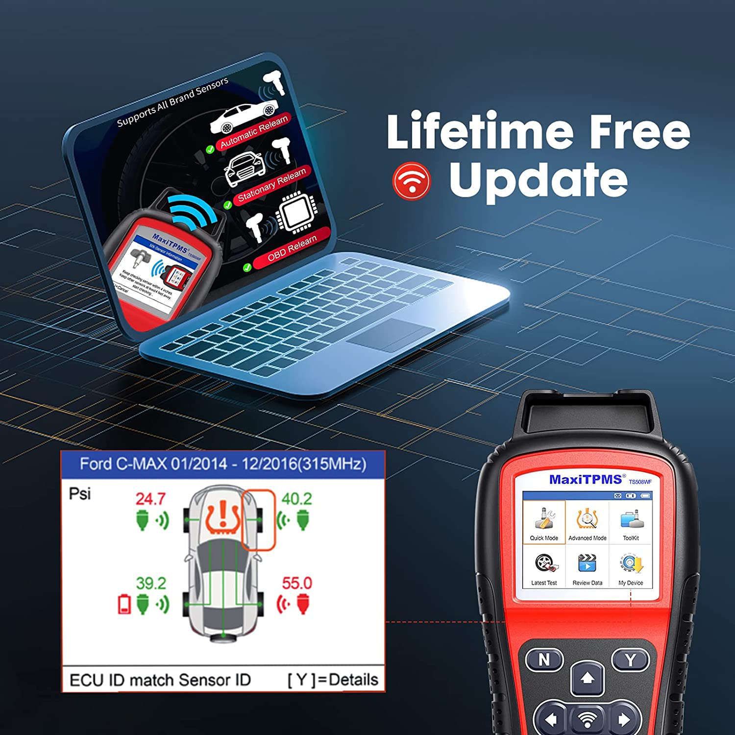 2023 Autel MaxiTPMS TS508WF TPMS Programming Tool MX-Sersors 315/433MHz, Relearn/Activate All Sensors, Read/Clear DTCs, TPMS Reset, Support Lifetime