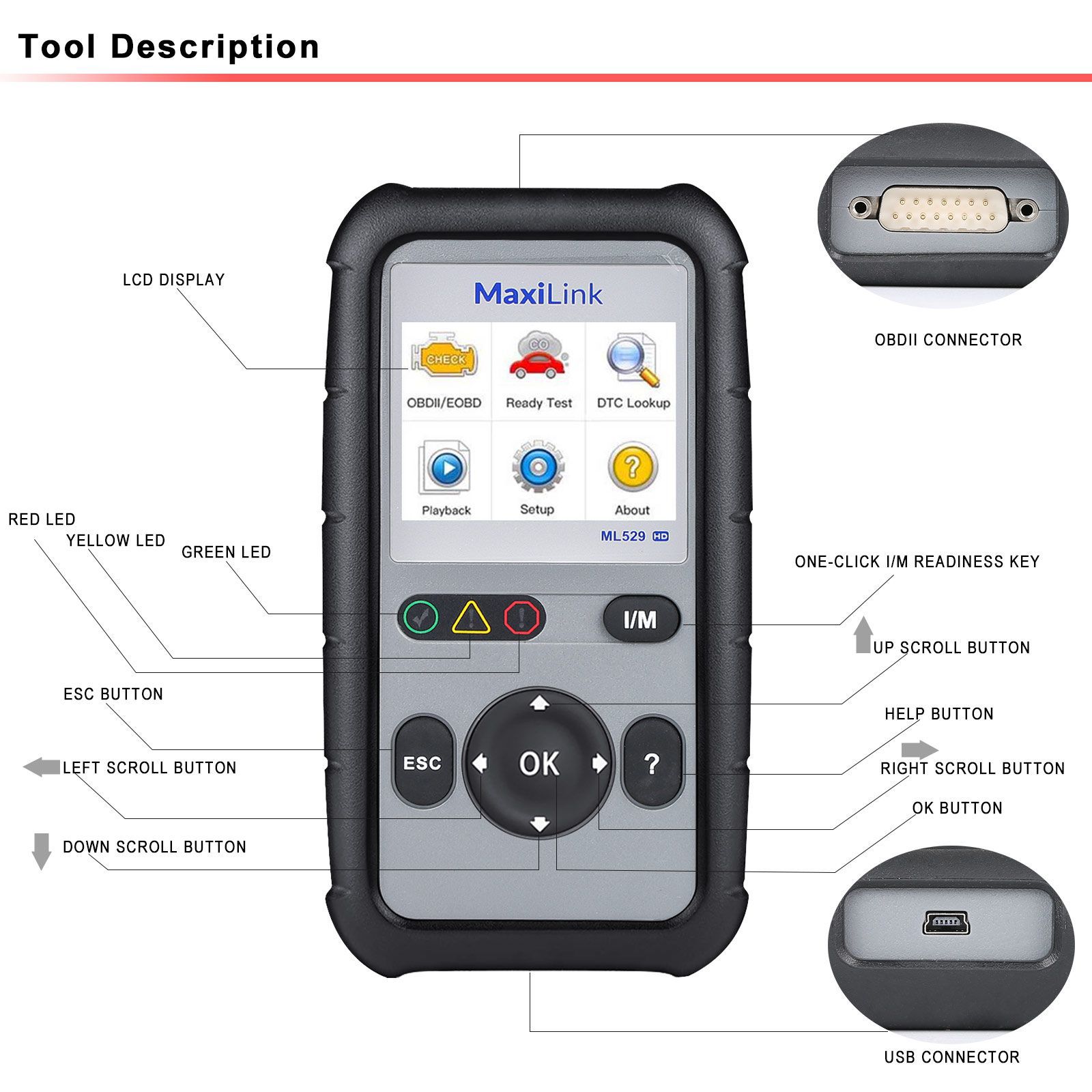 Autel ML529HD OBD2 Scan Tool Upgraded ML519 mit Enhanced Mode 6/One-Key Ready Test für Heavy-Duty J1939 und J1708 mit AutoVIN/Online Update/Druckdaten