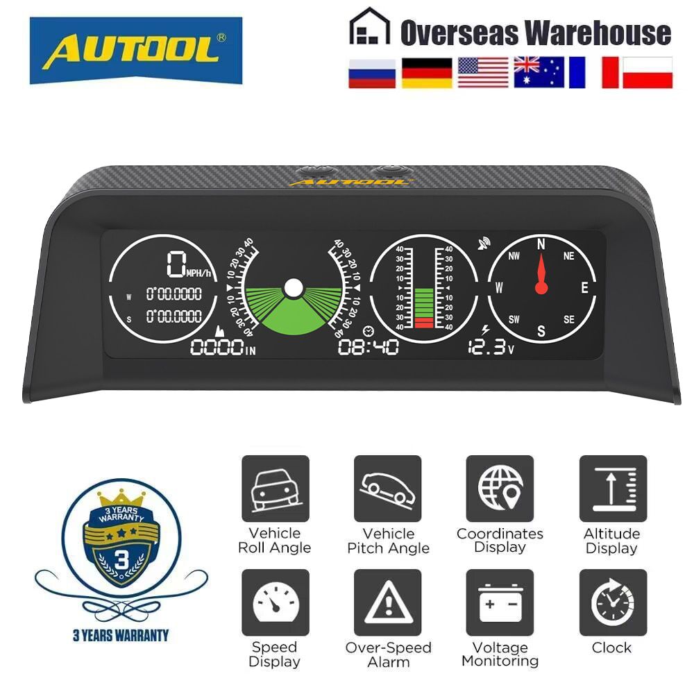 AUTOOL X90 GPS/OBD2 Geschwindigkeit PMH KMH Neigungsmesser Neigungsmesser Auto Kompass HUD Neigungswinkel Winkelmesser Uhr Breitengrad Länge