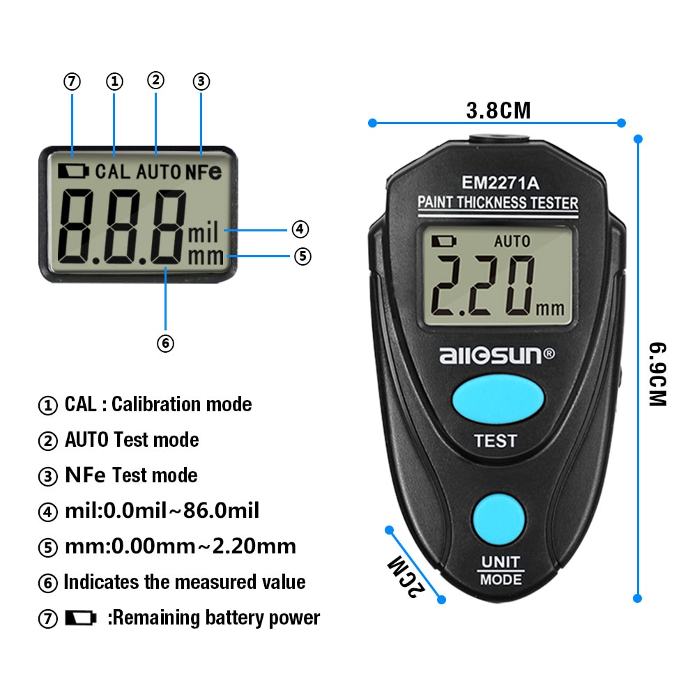 EM2271A Digital Thickness Gauge Coating Meter Fe/NFe 0,00-2.20mm für Car Thickness Meter Russisches Handbuch