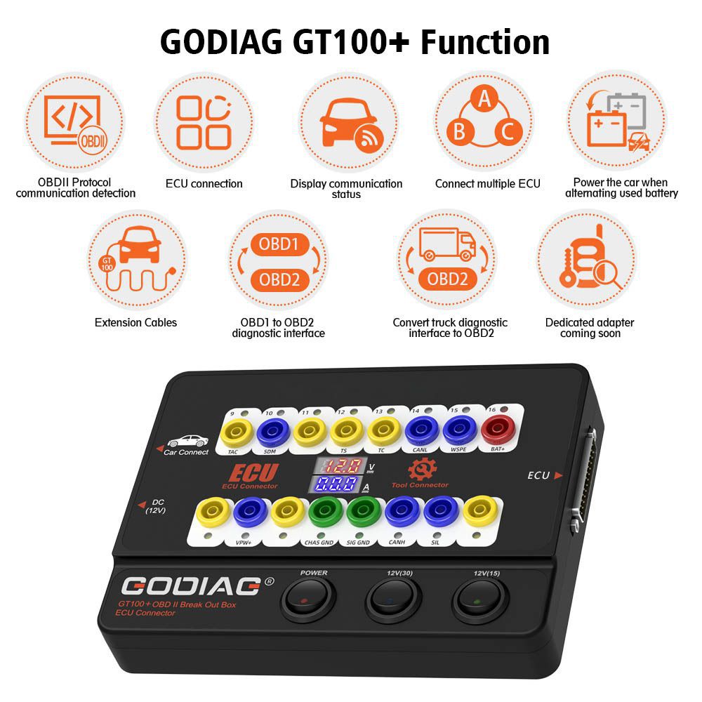 GODIAG GT100+GT100 Pro Neue Generation OBDII接线盒mit elektronischer Stromanzeige