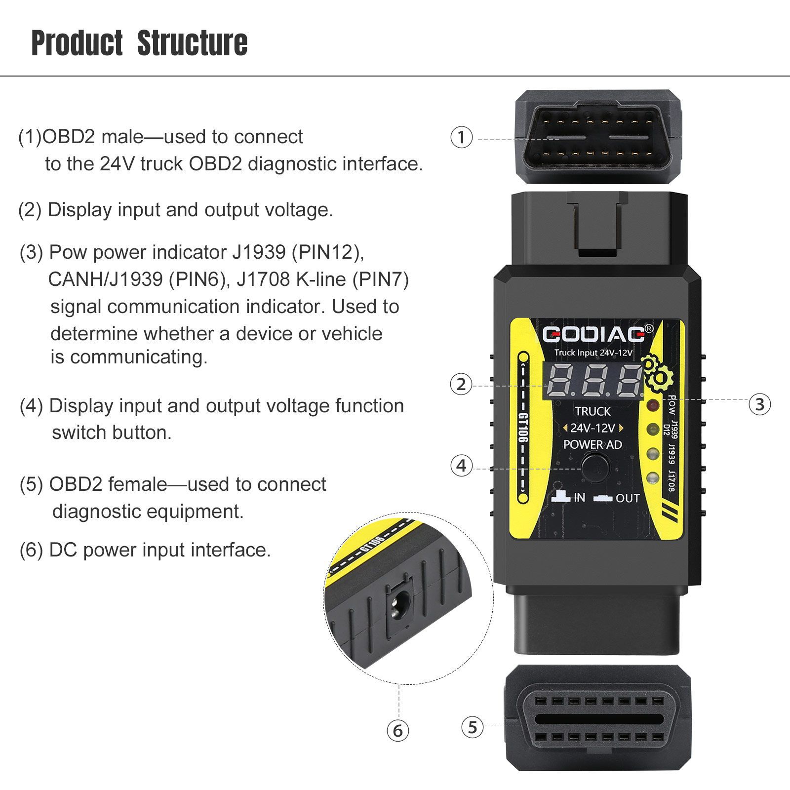 2023 Neueste GODIAG GT106 24V zu 12V Heavy Duty Truck Adapter für X431 easydiag/Golo/M-DIAG/IDIAG/ThinkCar/ICarScan/Diagun/GOLO/DBScar II