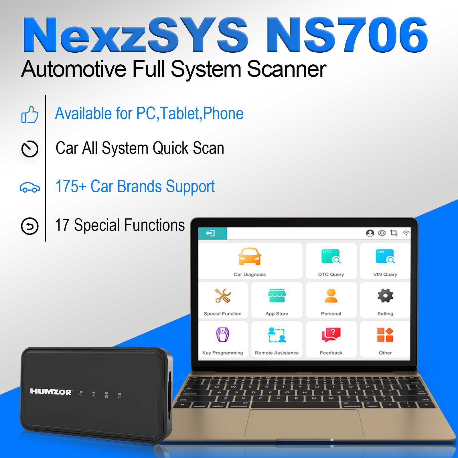 2023 HUMZOR NexzSYS NS706 OBD2 Vollsystemscanner Auto Diagnosewerkzeug ECU Schlüsselprogrammierer