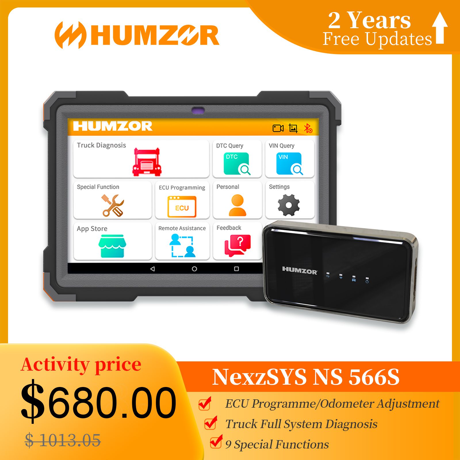 Humzor NS566S Full System Diagnostic Tool for Heavy Duty Truck Diesel OBD2 Professional Scanner 9 Reset ABS/DPF/Mileage Adjustment