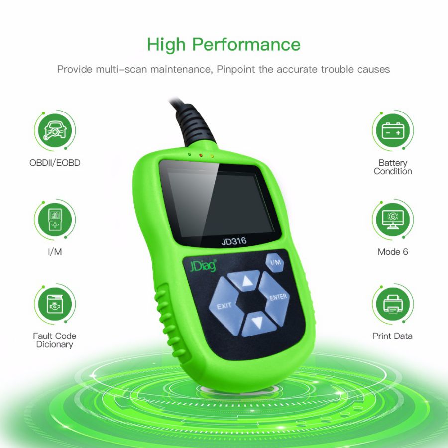 Jdiag JD316 OBD2 Scanner Automotive Engine Fehlercode Reader CAN Diagnostic Scan Tool (Grün)