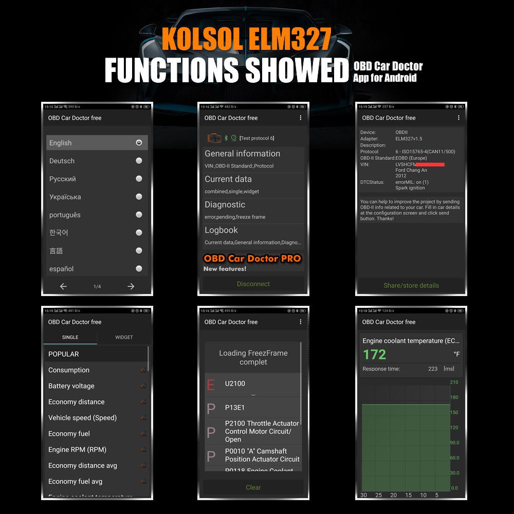 KOLSOL ELM327 Bluetooth OBD2 Scanner V1.5 ELM327 mit Schalter für Ford CH340+25K80 Chip HS-CAN / MS-CAN modifiziert