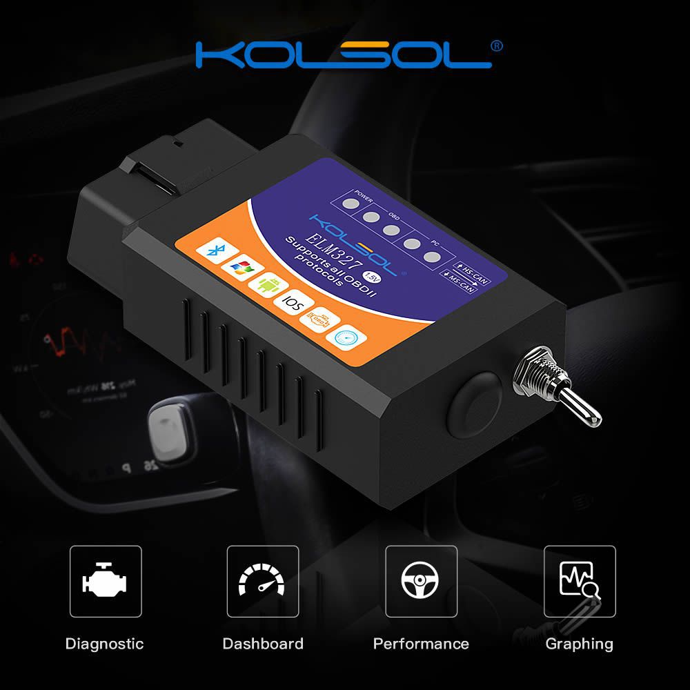 KOLSOL ELM327 Bluetooth OBD2 Scanner V1.5 ELM327 mit Schalter für Ford CH340+25K80 Chip HS-CAN / MS-CAN modifiziert