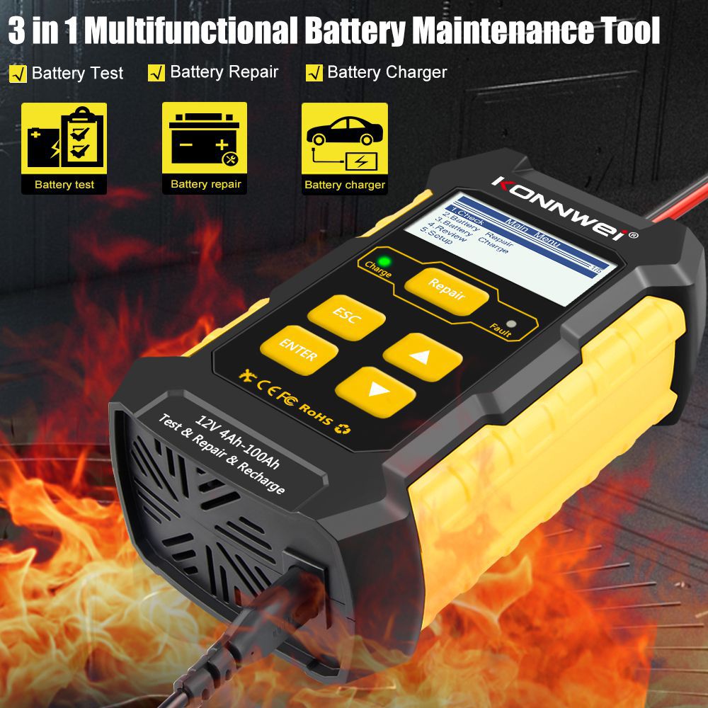 KONNWEI KW510 Full Automatic 12V Car Battery Tester Pulse Repair 5A Battery Chargers Nass Dry AGM Gel Lead Acid Car Repair Tool