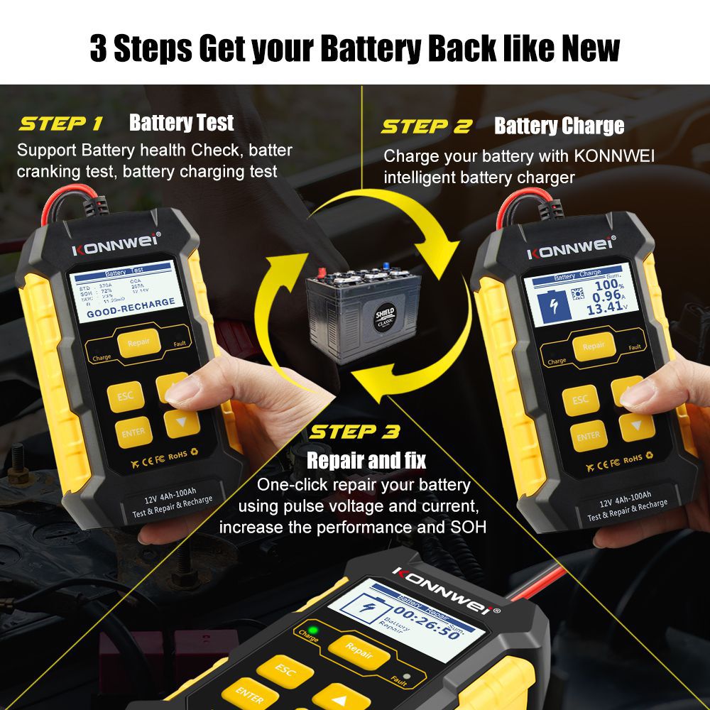 KONNWEI KW510 Full Automatic 12V Car Battery Tester Pulse Repair 5A Battery Chargers Nass Dry AGM Gel Lead Acid Car Repair Tool