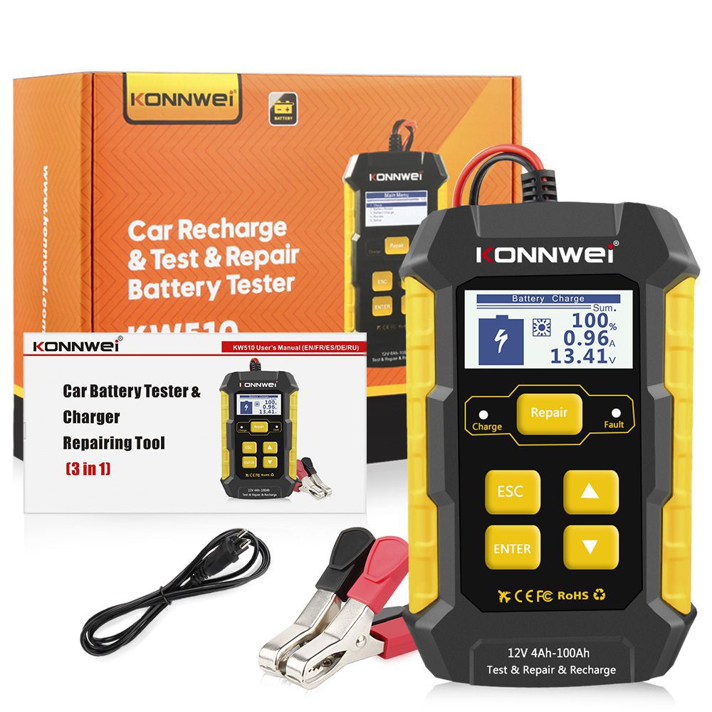 KONNWEI KW510 Full Automatic 12V Car Battery Tester Pulse Repair 5A Battery Chargers Nass Dry AGM Gel Lead Acid Car Repair Tool