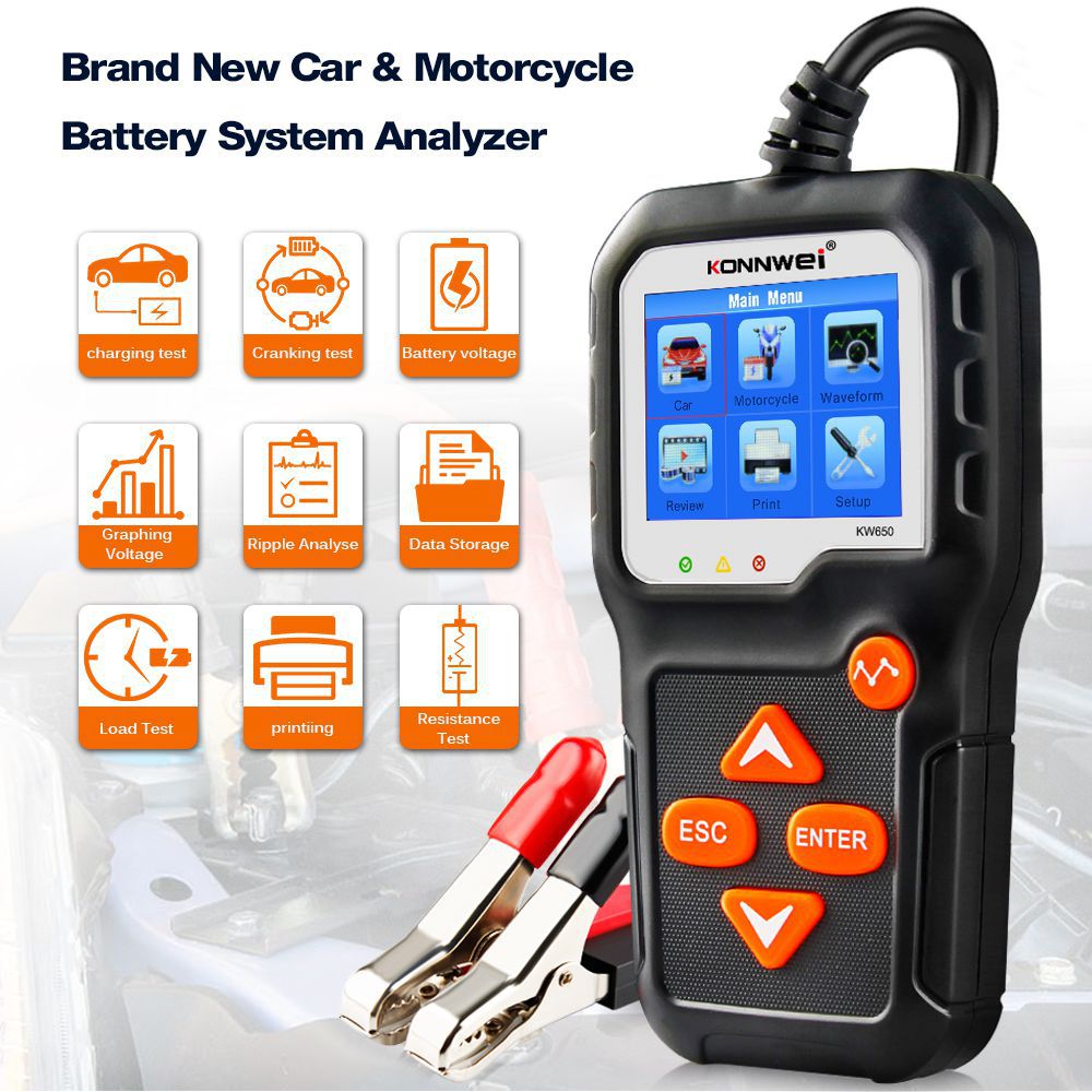 KONNWEI KW650 Car Motorcycle BatteryTester 12V 6V Battery System Analyzer 2000CCA Ladekrankprüfwerkzeuge für das Auto