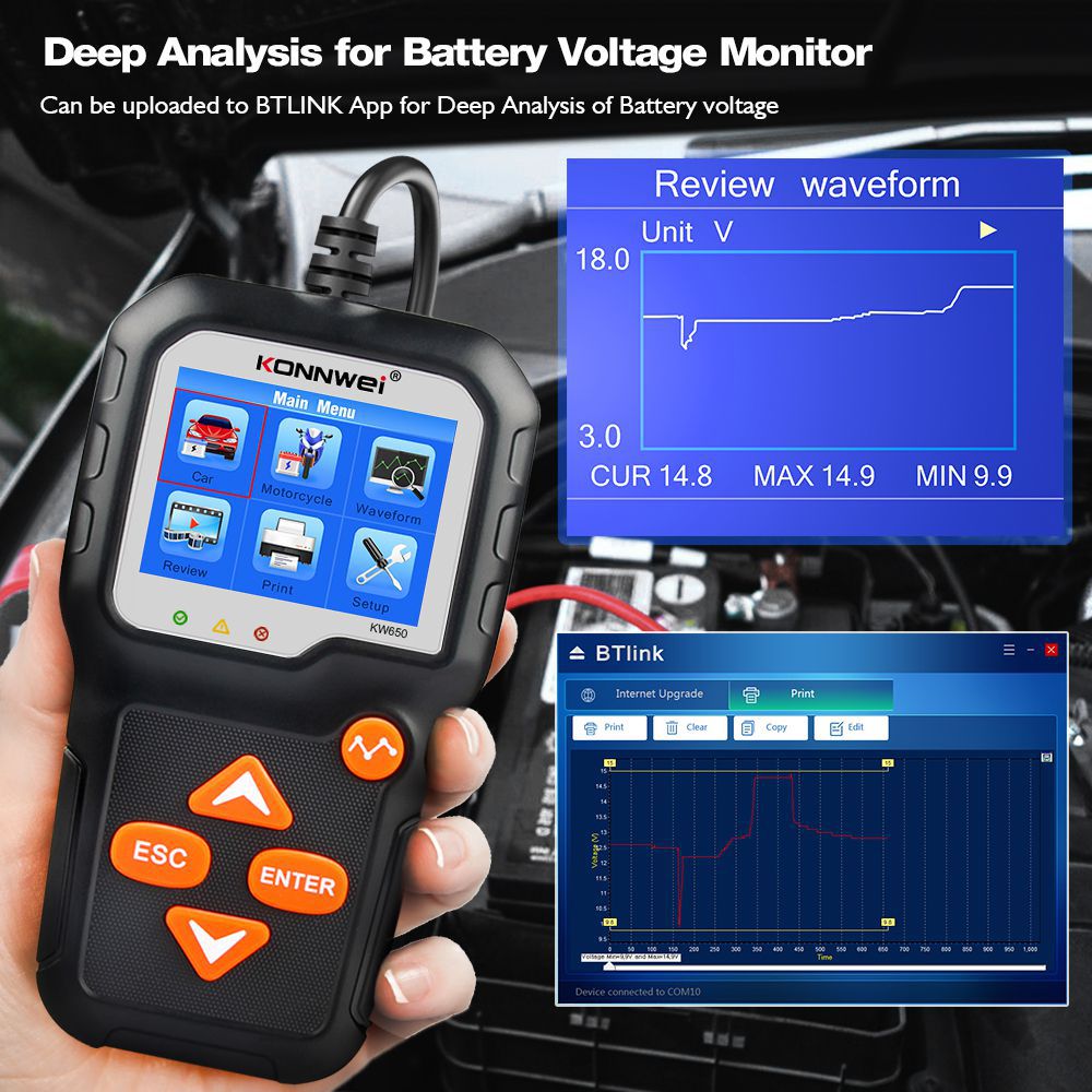 KONNWEI KW650 Car Motorcycle BatteryTester 12V 6V Battery System Analyzer 2000CCA Ladekrankprüfwerkzeuge für das Auto