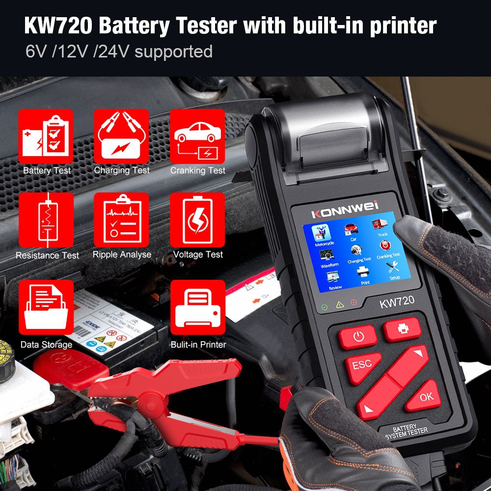 KONNWEI KW720 6V/12V/24V Motorrad Auto LKW Batterie Tester mit eingebautem Drucker Batterie Analyzer Laden Kurbeln Test Tools