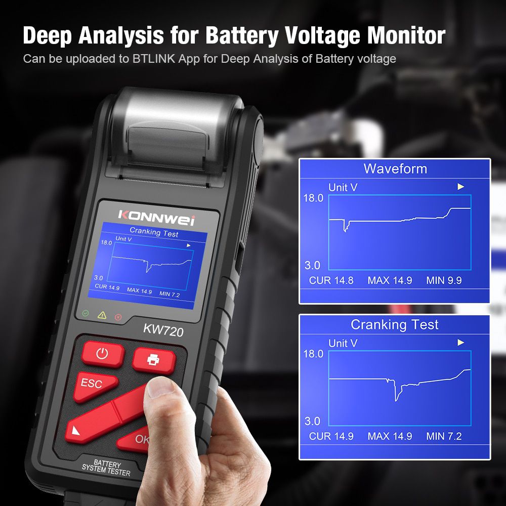 KONNWEI KW720 6V/12V/24V Motorrad Auto LKW Batterie Tester mit eingebautem Drucker Batterie Analyzer Laden Kurbeln Test Tools