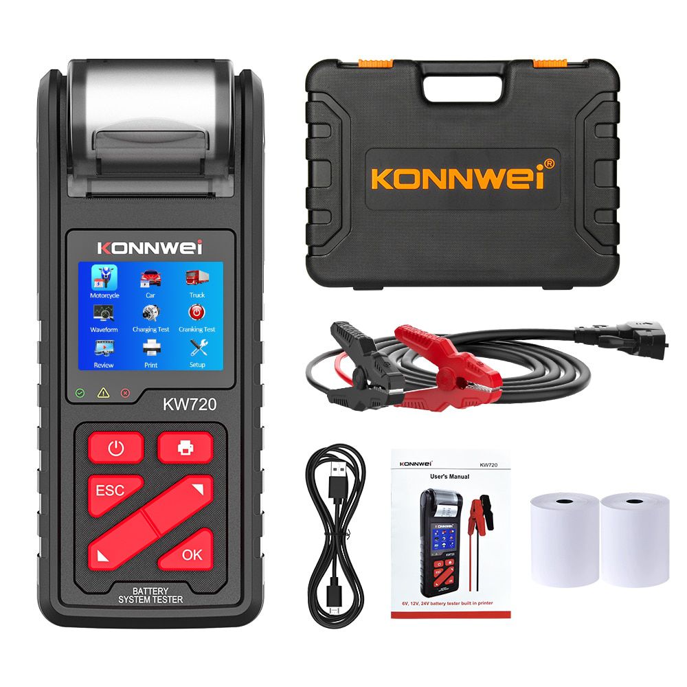 KONNWEI KW720 6V/12V/24V Motorrad Auto LKW Batterie Tester mit eingebautem Drucker Batterie Analyzer Laden Kurbeln Test Tools