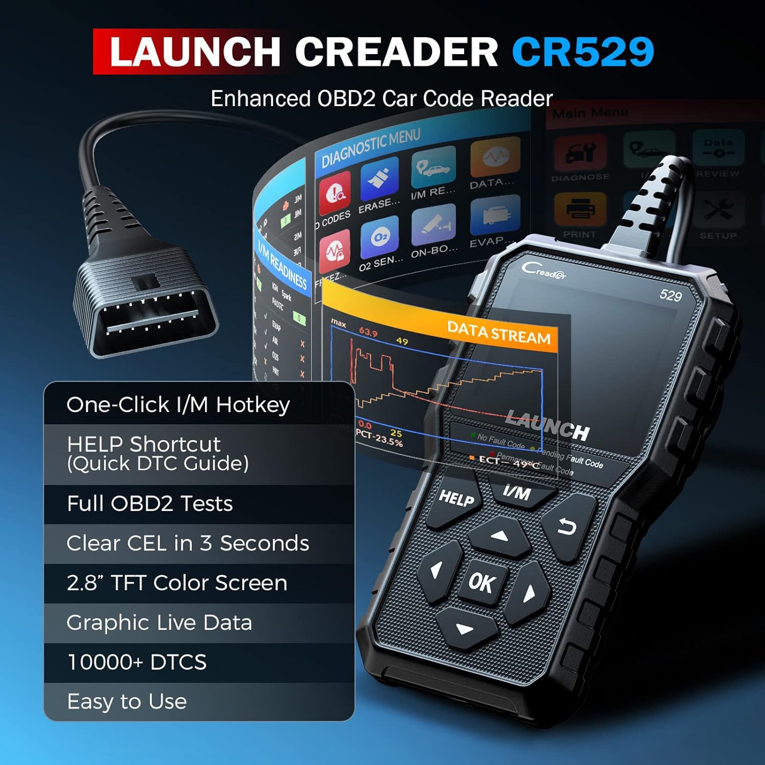 LAUNCH CR529 OBD2-Scanner-Diagnosewerkzeug, vollständige OBD2-Scanner-Sicherung, offene Codes, Ein-Klick-I/O, für DIYers mit Autos nach 1996