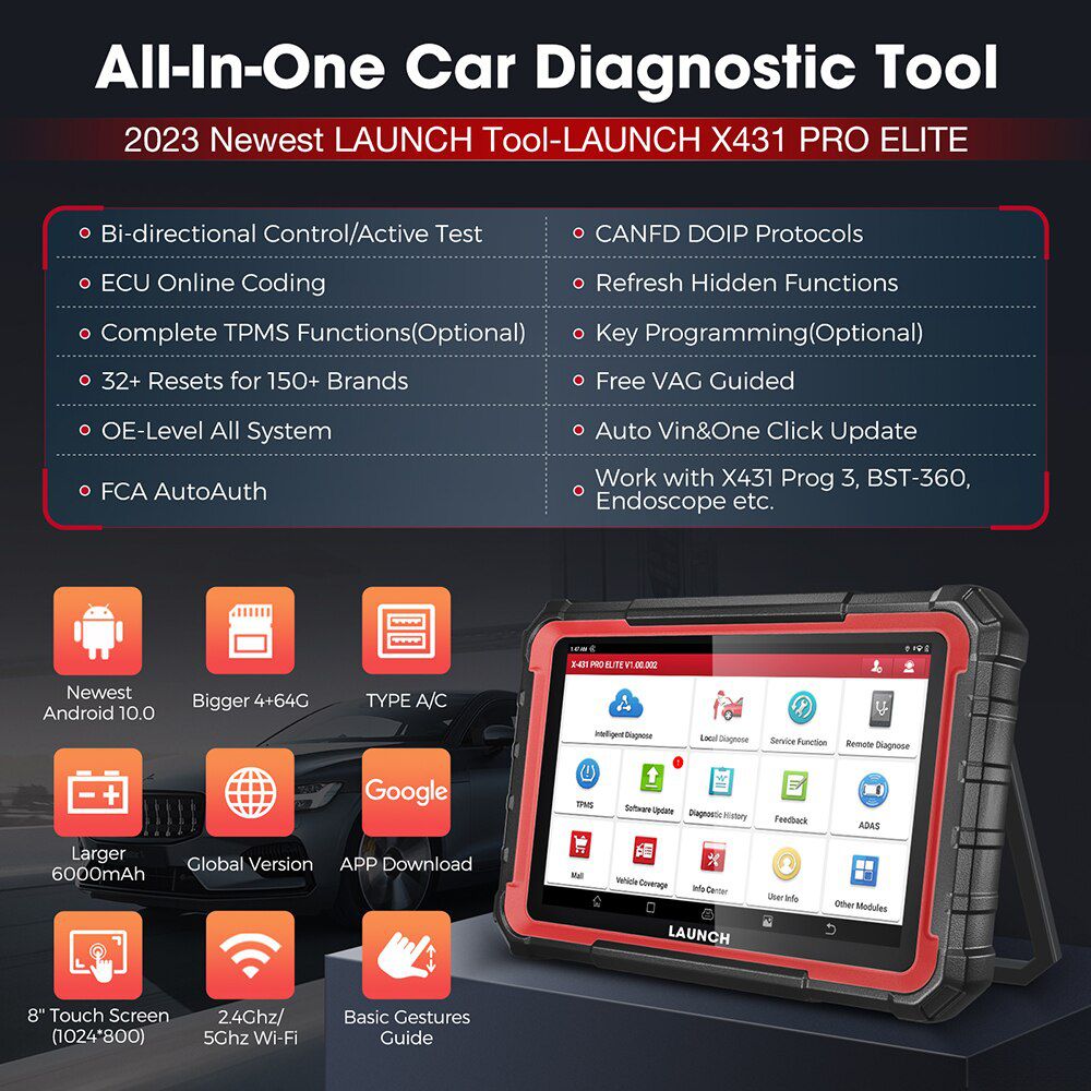 2023 Launch X431 Pro Elite Auto Diagnose Tools, bidirektionales Scan Tool, 31+ Zurücksetzen CAN FD/DOIP ECU Coding PK X431 V V4.0 OBD2