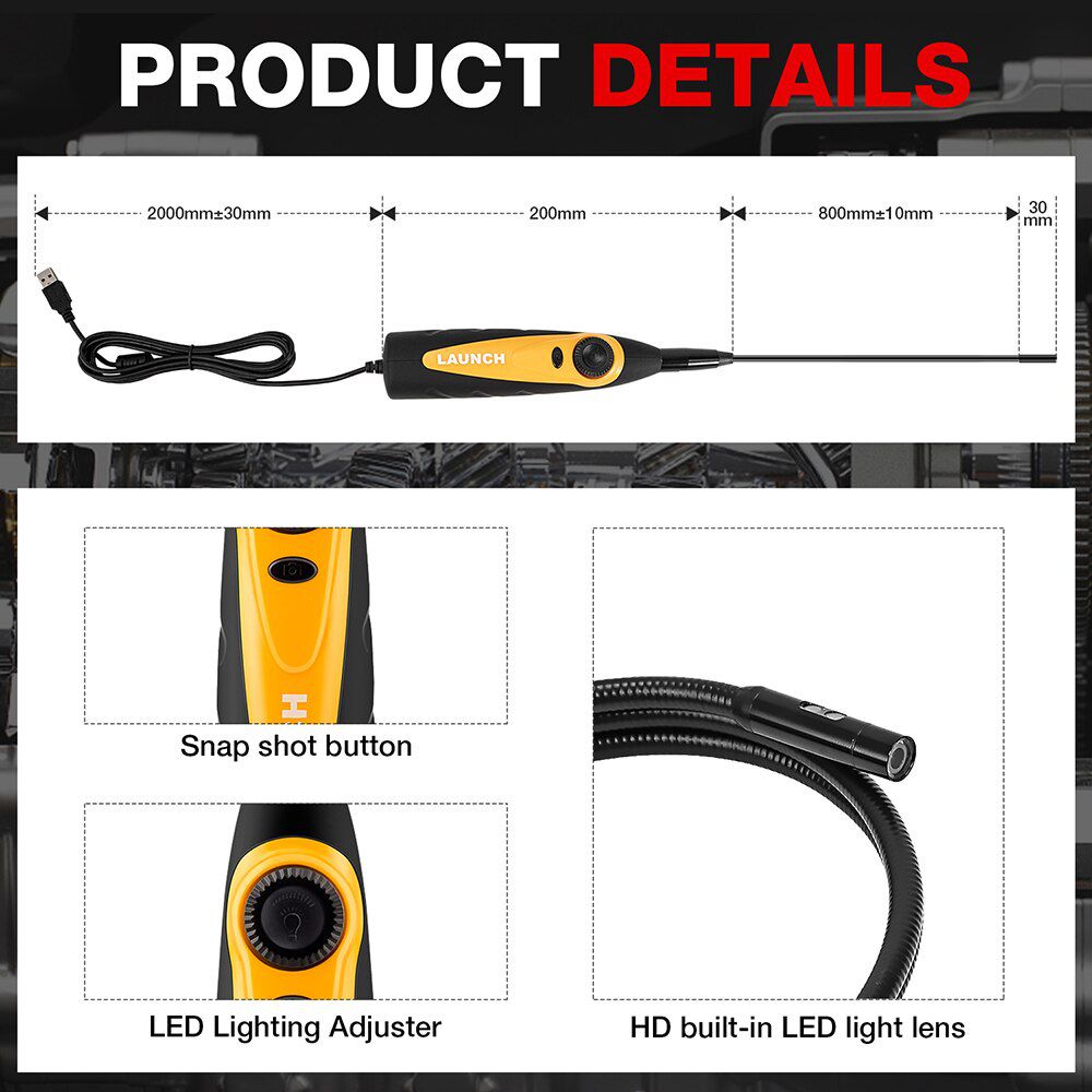 LAUNCH X431 VSP600 Kamera Videoscope HD IP67 2M Kabel 6 einstellbare LED-Leuchten Mirco USB Type-C Borescope Video Inspection