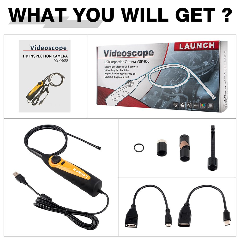 LAUNCH X431 VSP600 Kamera Videoscope HD IP67 2M Kabel 6 einstellbare LED-Leuchten Mirco USB Type-C Borescope Video Inspection