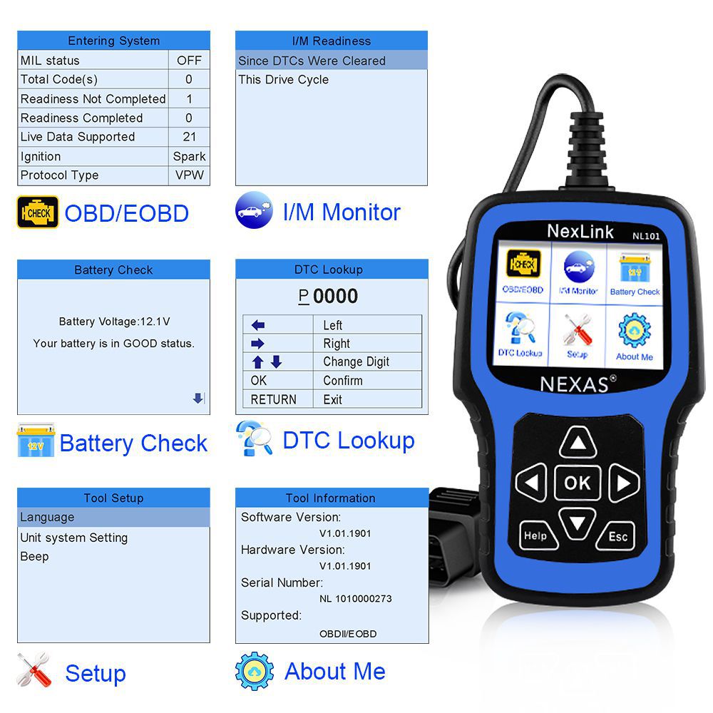 NEXAS NL101 OBD2 Automotive Scanner Engine EVAP Akku OBDII Scanner