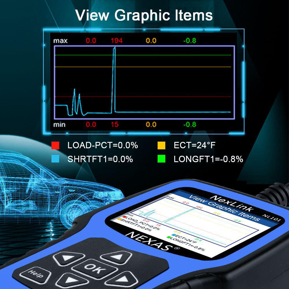 NEXAS NL101 OBD2 Automotive Scanner Engine EVAP Akku OBDII Scanner