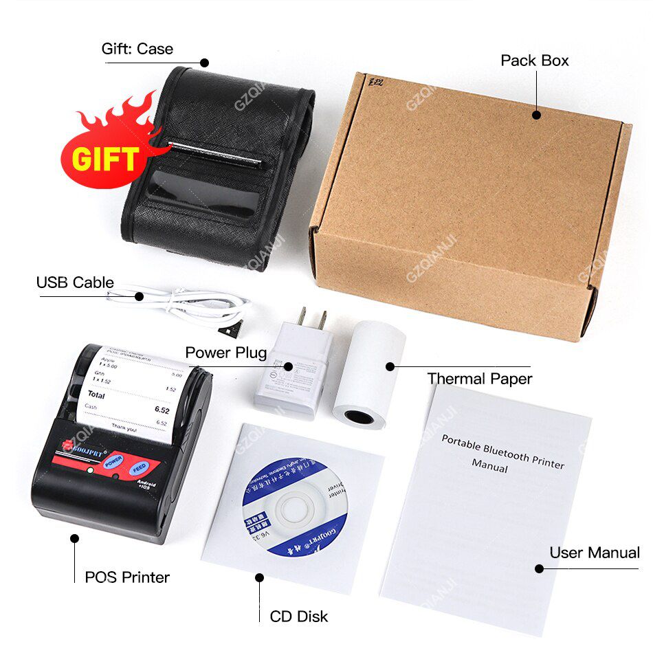 Tragbarer Bluetooth Printer Thermal Bill Taxi Printer 58mm für Andikrod IOS Windows Rechargeable Wireless Receipt Machine