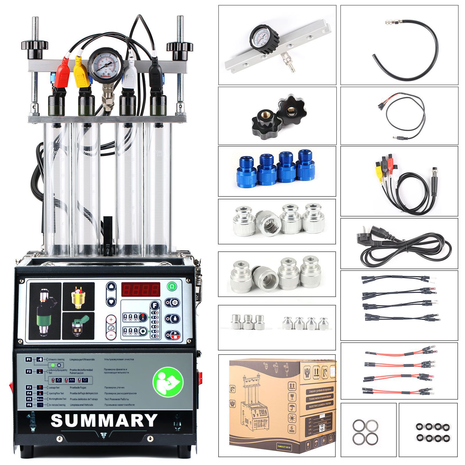 Zusammenfassung PowerJet Pro 240 Injector Cleaner SprayTester Machine Kit Unterstützung für 110V/220V Benzinfahrzeuge Motorrad