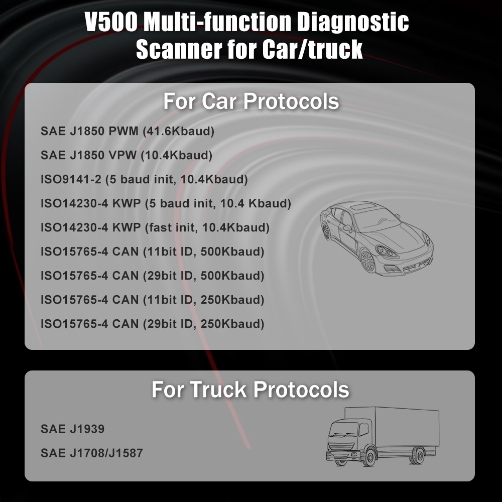 12V/24V V500 OBD2 Motor J1939 J1587 J1708 Code Reader CR-HD Heavy Duty Truck and Car Scanner