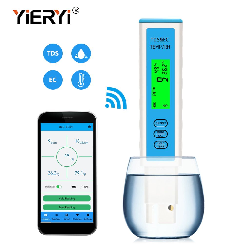 Yieryi 4 in 1 EC/TDS/Temperatur/Feuchte Meter Bluetooth-kompatible APP Online Wasserqualitätsprüfer ATC für Aquarium Trinken