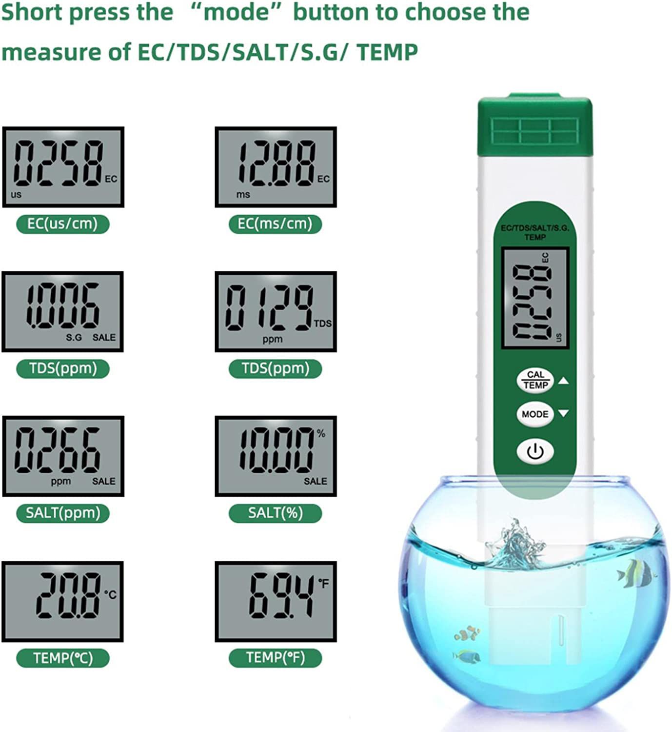 Wasser Tester Pen LCD Display Wasser Tester EC TDS Temp Meter 5-in-1 Multifunktionale hohe Genauigkeit Wasser Test Meter für Hydropon