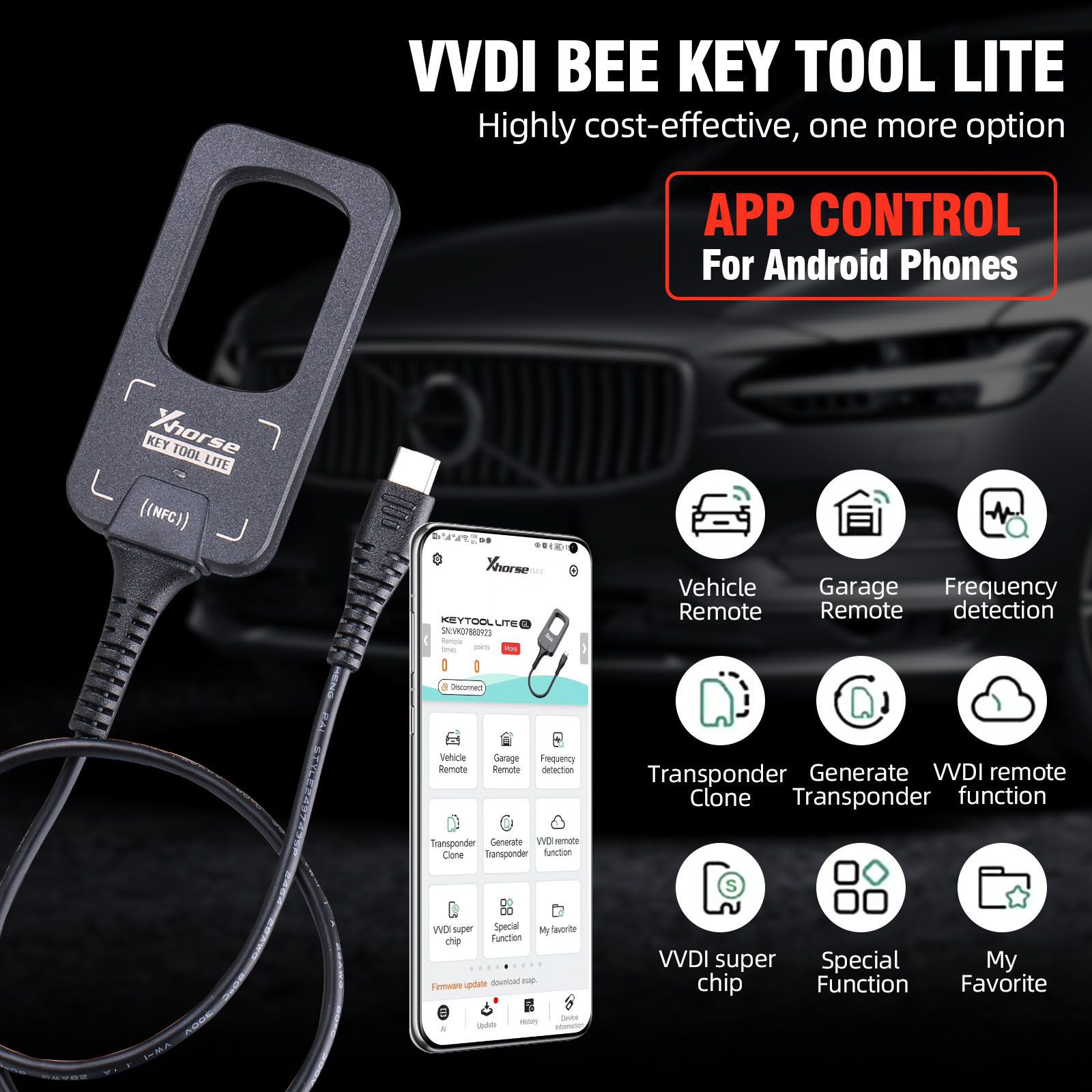 2023 Xhorse VVDI BEE Key Tool Lite Frequenz Detection Transponder Klon Arbeit auf Android Phone Holen Sie sich kostenlose 6pcs XKB501EN Fernbedienungen