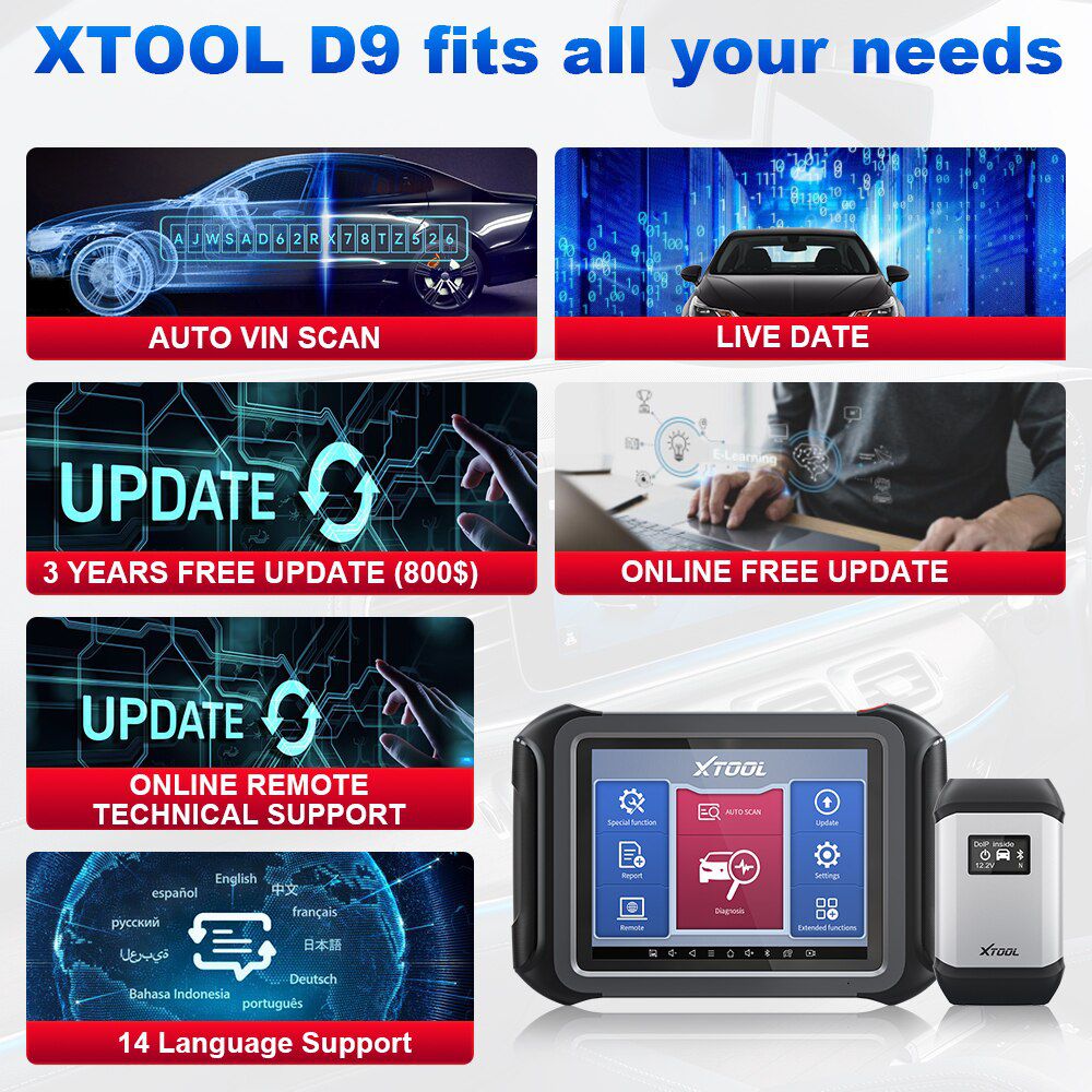 XTOOL D9 Automotive Scan Tool Topology Map Bi-Directional Control ECU Coding Full Diagnostics & 42+ Resets Support DoIP & CAN FD